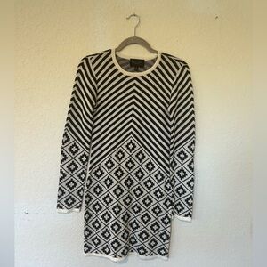 Black & White Geometric Sweater Dress, Boho Minimalist Knit Tunic, Long Sleeve